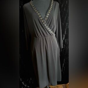 Calvin Klein Black Long-Sleeve deep v-neck with gold Grommet Trim dress sz 10